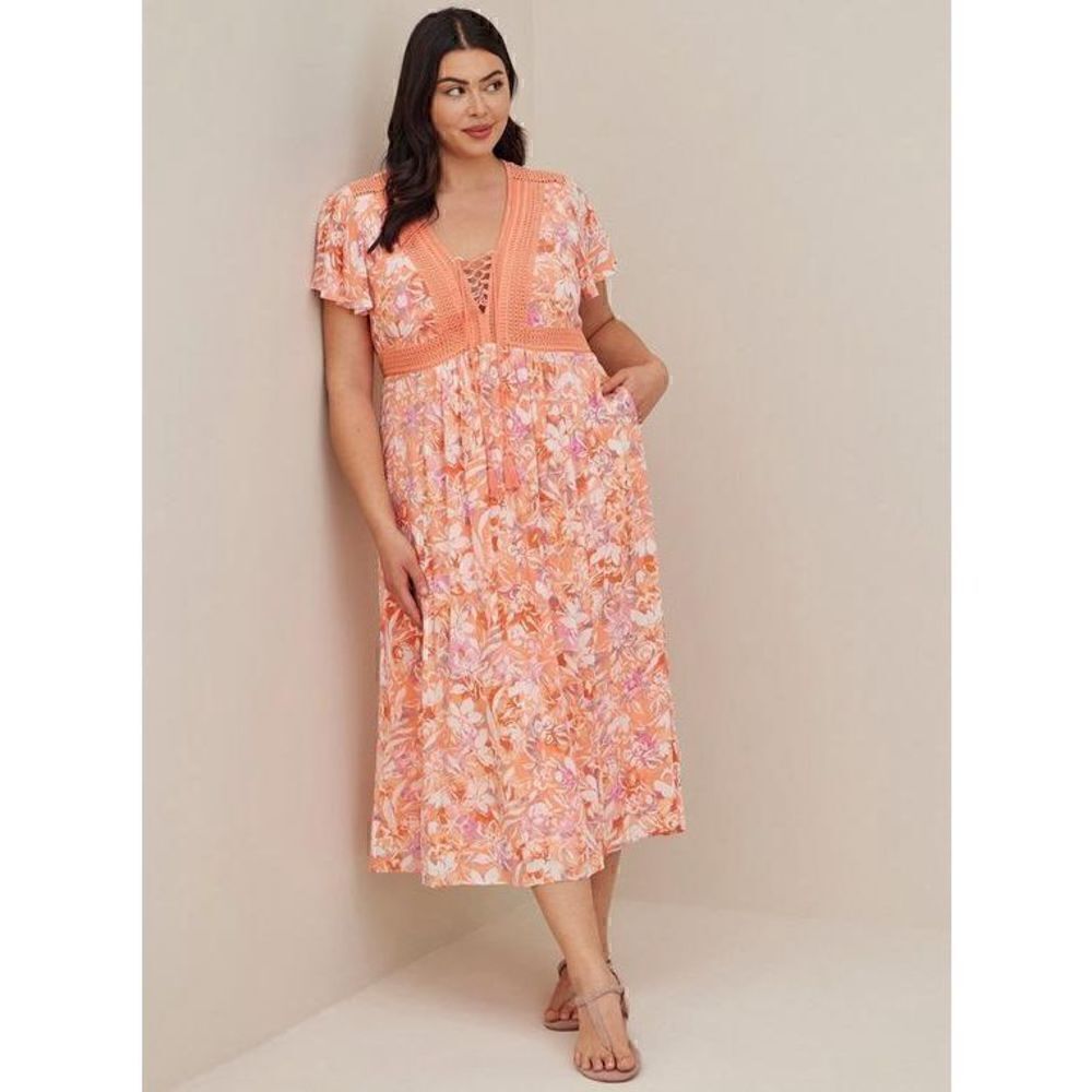 Torrid 1x Lace Up Tea Length Dress Crinkle Gauze Floral Coral dress flutter